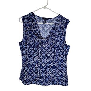 Chaps Blue White Geometric Cowl Neck Sleeveless Stretch Blouse Top Office XL